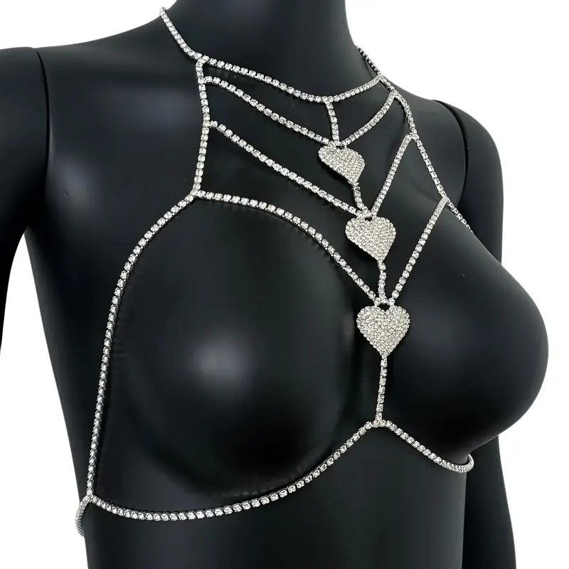 Other Silver Sexy Rhinestone Heart Body Chain Bra Festival Jewelry Size ONE SIZE - 4 Thumbnail