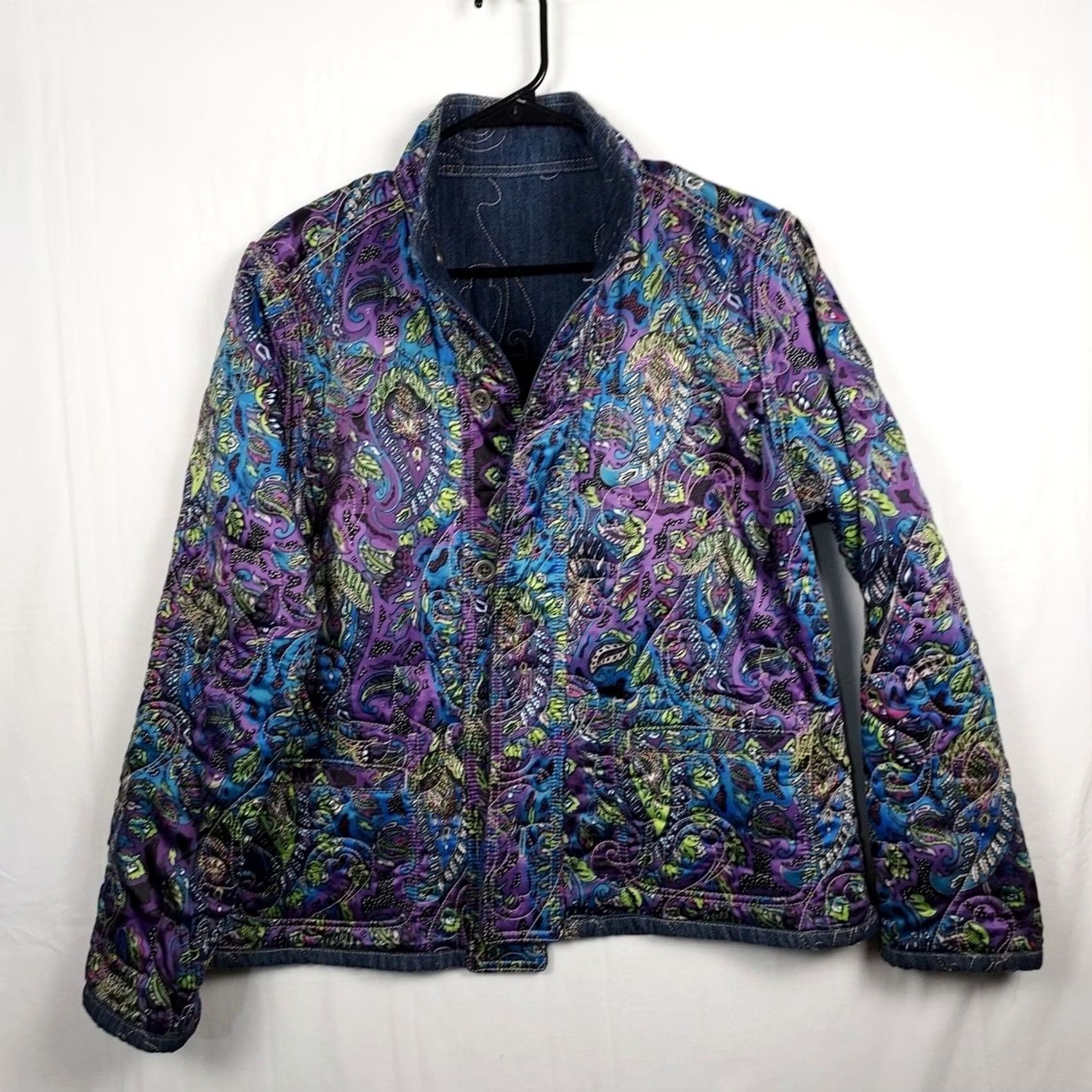 Vintage Chico's Reversible Quilted Jacket Denim Paisley Embroidered Size 2 Blue Jacket Women Regular Spring Fall Size XS / US 0-2 / IT 36-38 - 2 Thumbnail
