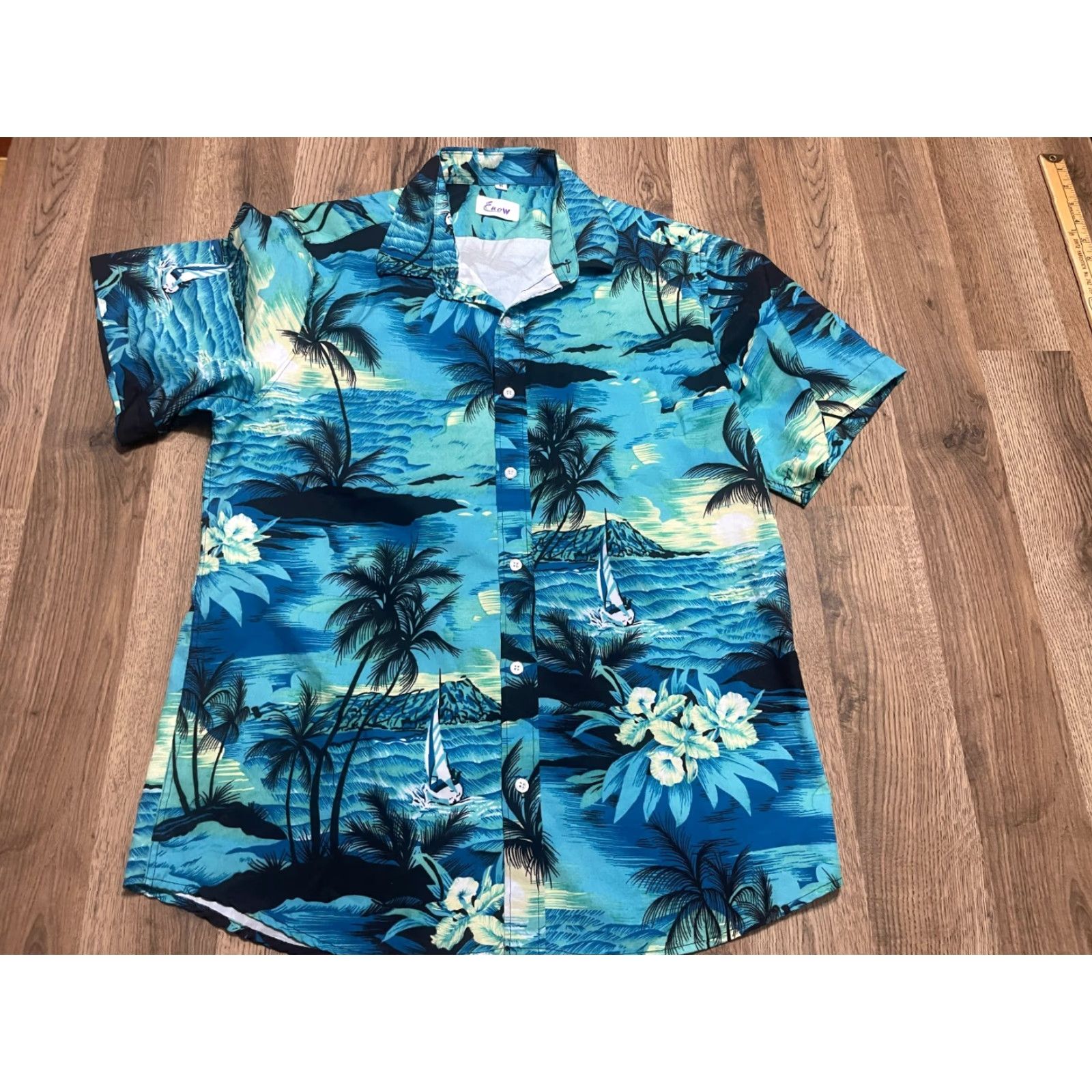 Vintage Enow Shirt, Men's Medium, Button-Up, Hawaiian, Short Sleeve, Casual, Blue, Green, Black, Regular Fit, Fall Spring Summer, Mens Size US M / EU 48-50 / 2 - 2 Thumbnail