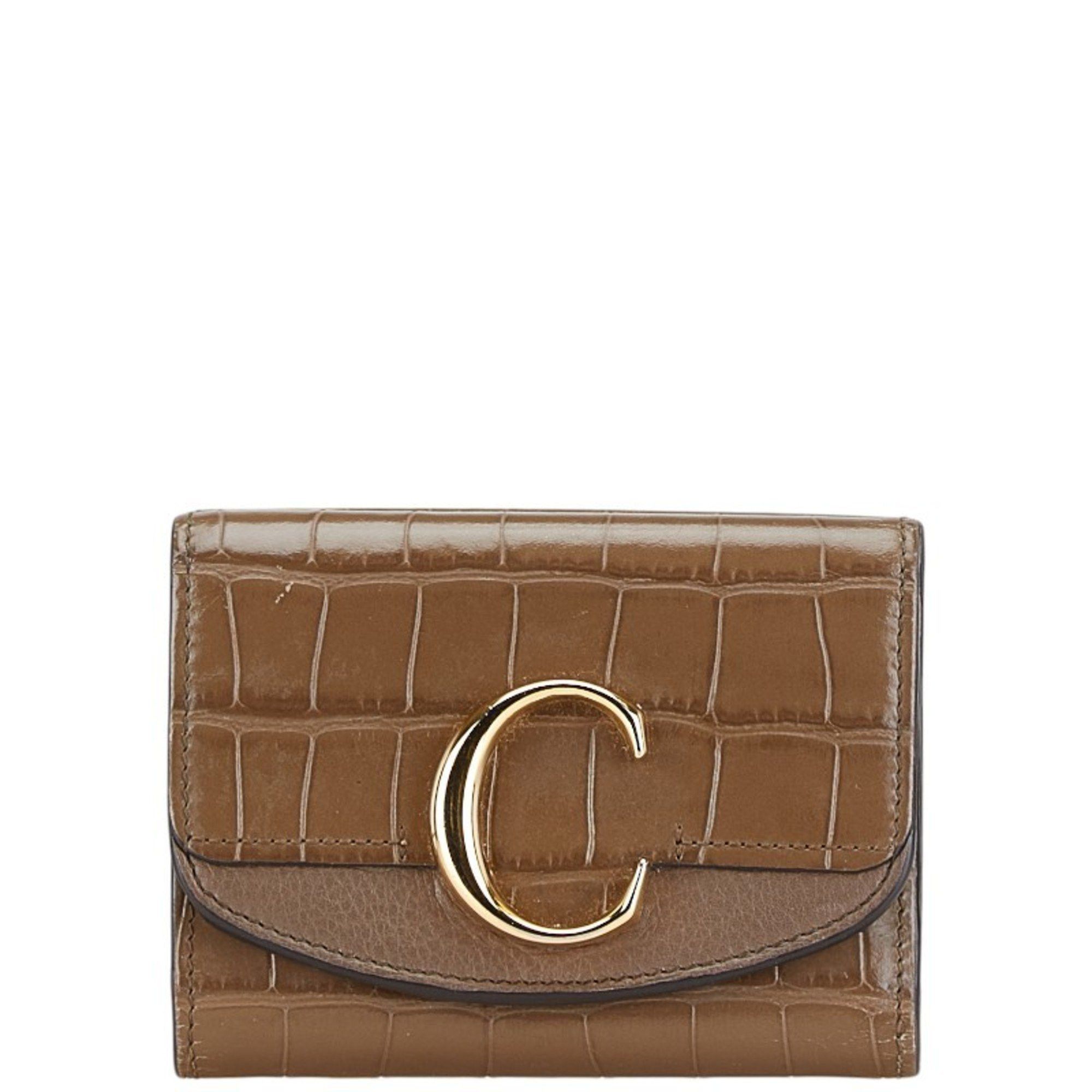 Chloe Chloé Chloe Crocodile Embossed Tri-fold Wallet Brown Leather Women's Size ONE SIZE - 1 Thumbnail
