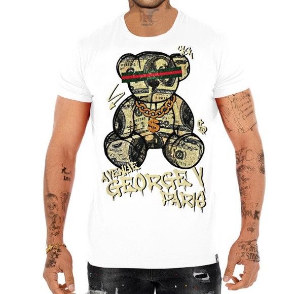 George V White Designer Men’s Rhinestone Tee Shirt