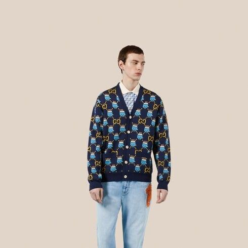Gucci o1s1wg110225 GG Animal Cotton Wool Jacquard Cardigan Size US L / EU 52-54 / 3 - 6 Thumbnail