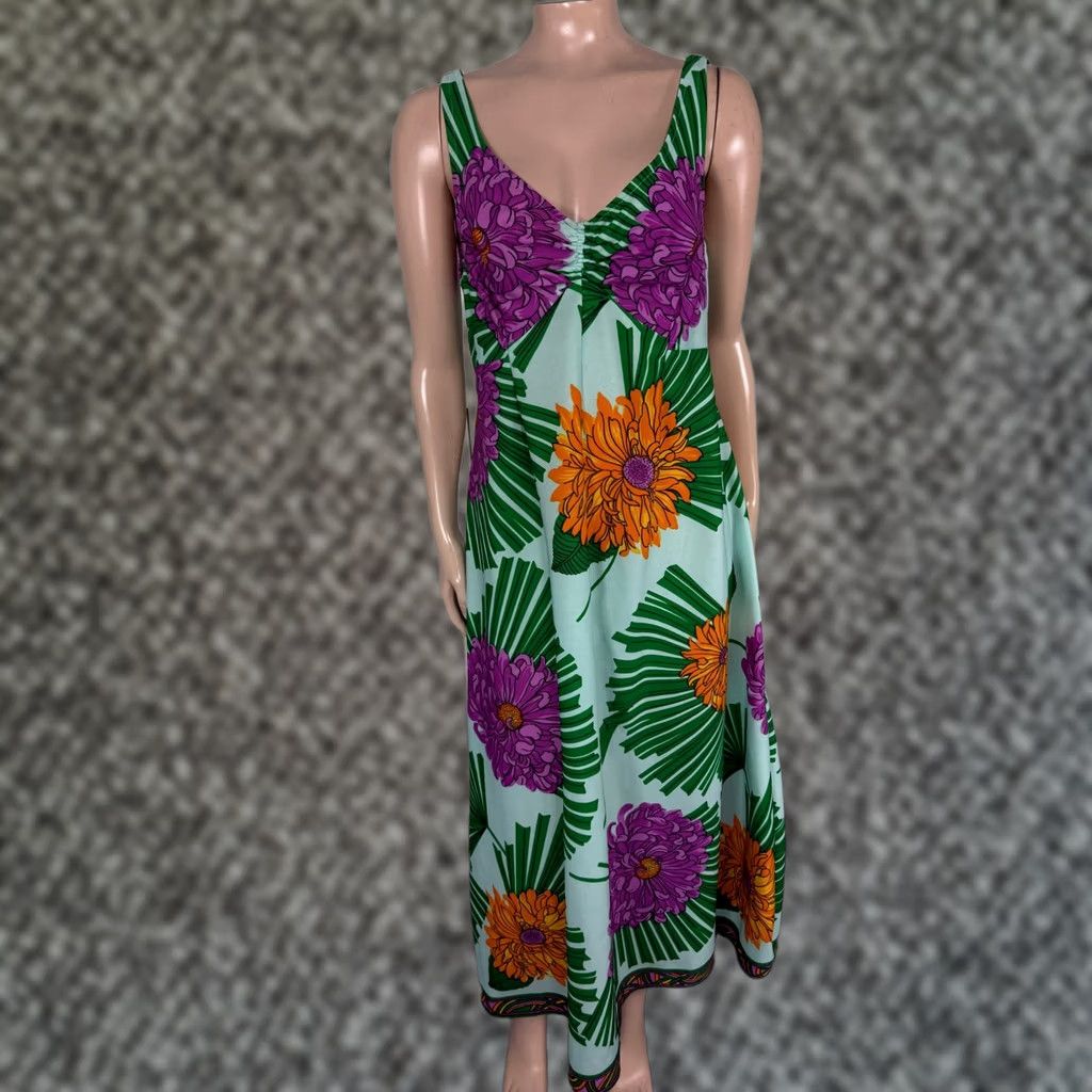 Vintage VINTAGE 1970s Bohemian Green Polyester Knit Midi Floral Sleeveless Dress Women 2XS, Casual, Maxi/Length 53" Size XXS / US 00 / IT 34 - 1 Thumbnail
