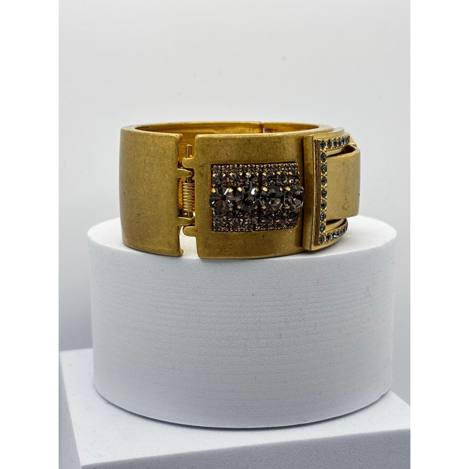 Homemade Brushed Gold Smokey Crystal Bow Hinged Clamper Bracelet 6" Size ONE SIZE - 5 Thumbnail