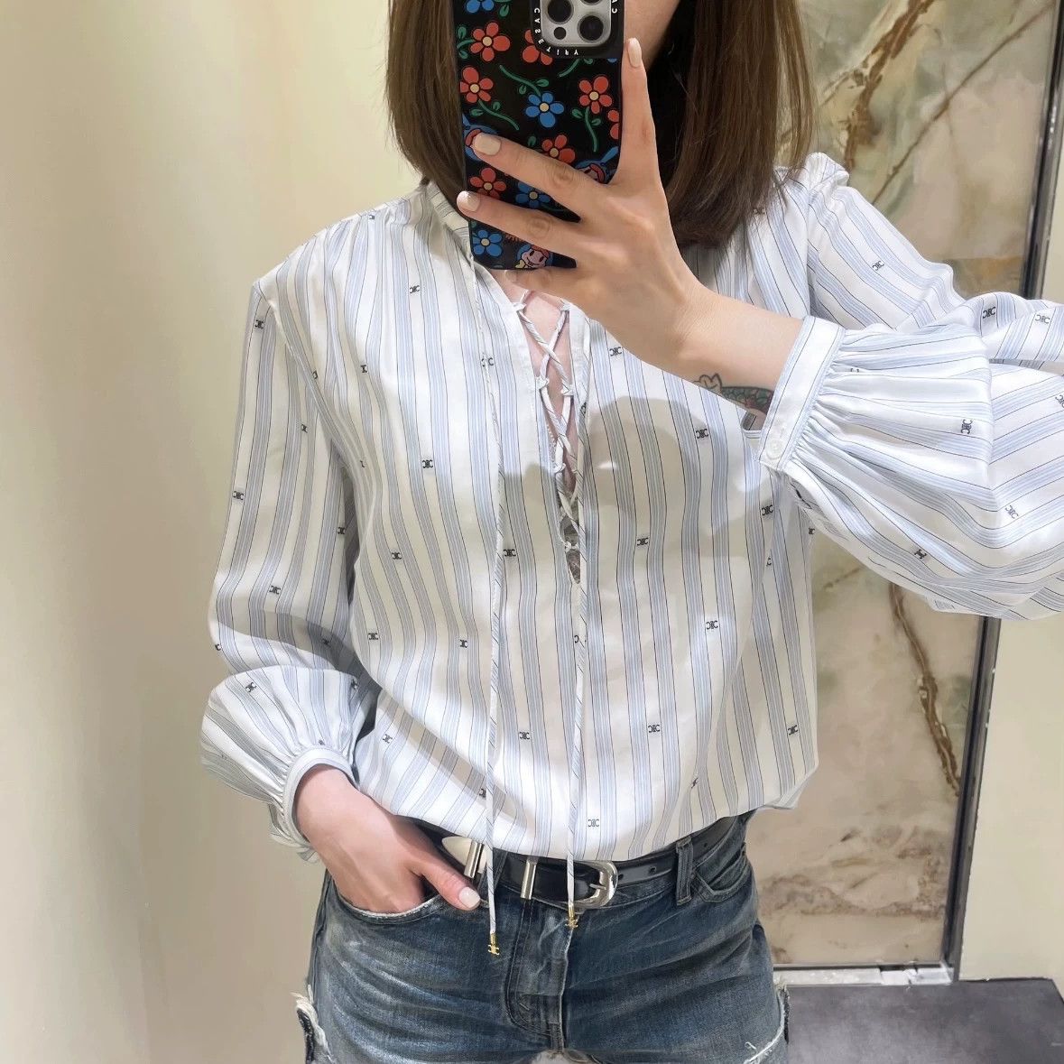 Celine CELINE feb307 allover Triomphe logo pendant silk shirt 36 Size XS / US 0-2 / IT 36-38 - 8 Thumbnail