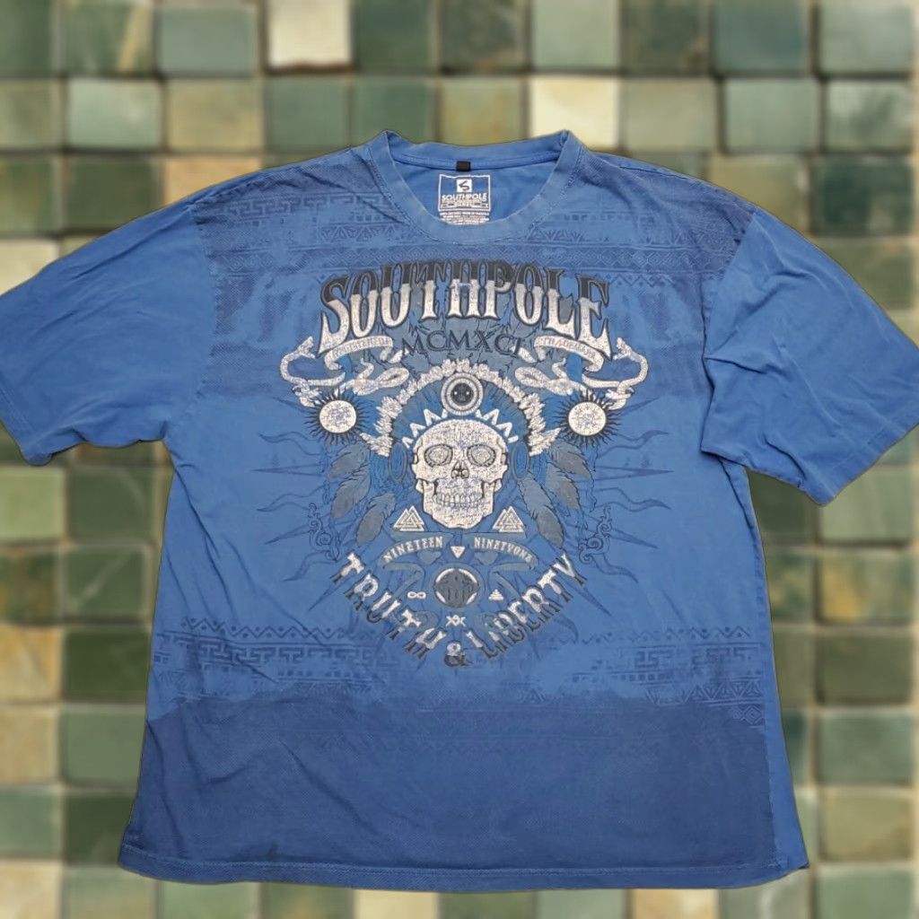 Southpole Southpole Shirt Mens 5XB Blue Cotton T-Shirt 90s Grunge Skater HipHop Tribal Tee Mens Big & Tall Size US XXL / EU 58 / 5 - 1 Thumbnail