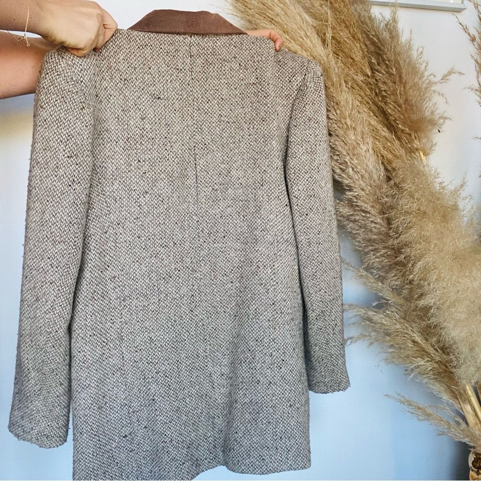 Vintage VINTAGE Cream White Brown Suede Tweed Blazer Button Jacket Size S / US 4 / IT 40 - 4 Thumbnail