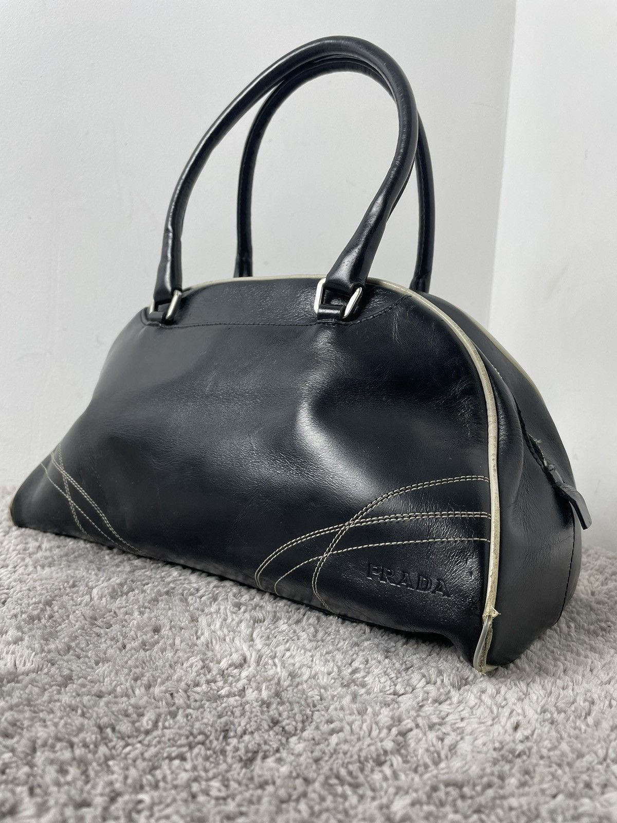 Pre-owned Prada Black Leather Handbag White Leather Bag Vintage