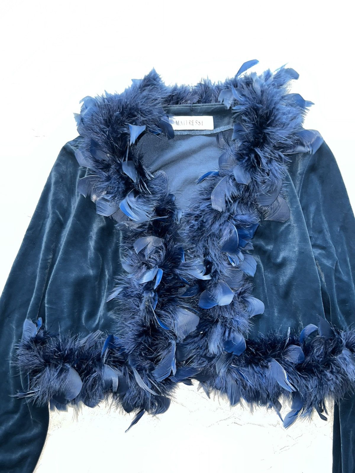 Miu Miu Blue velvet crop with feathers trim 🦚🦕 Size M / US 6-8 / IT 42-44 - 4 Thumbnail