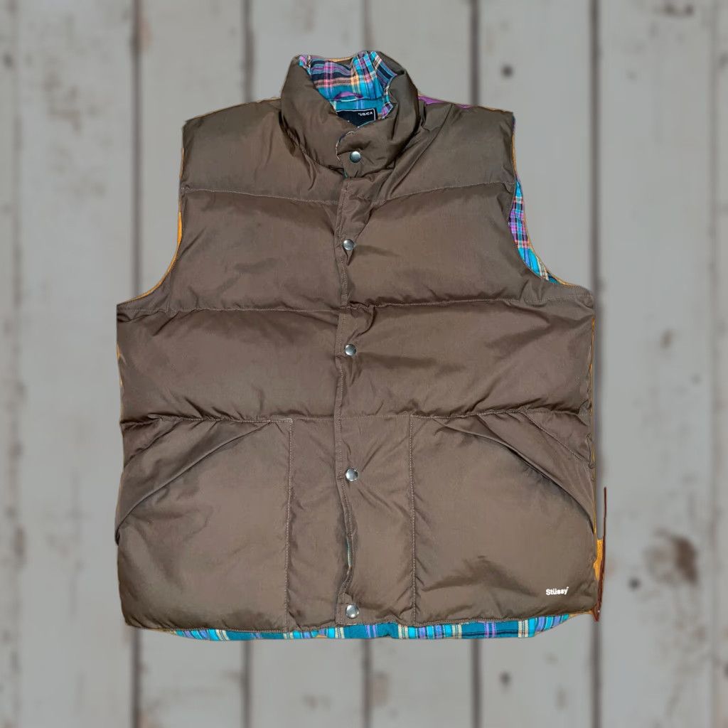 Vintage Stussy Vest Puffer Mens L Regular Brown Solid 90s Down 80% Button Close Snap Size US L / EU 52-54 / 3 - 1 Thumbnail