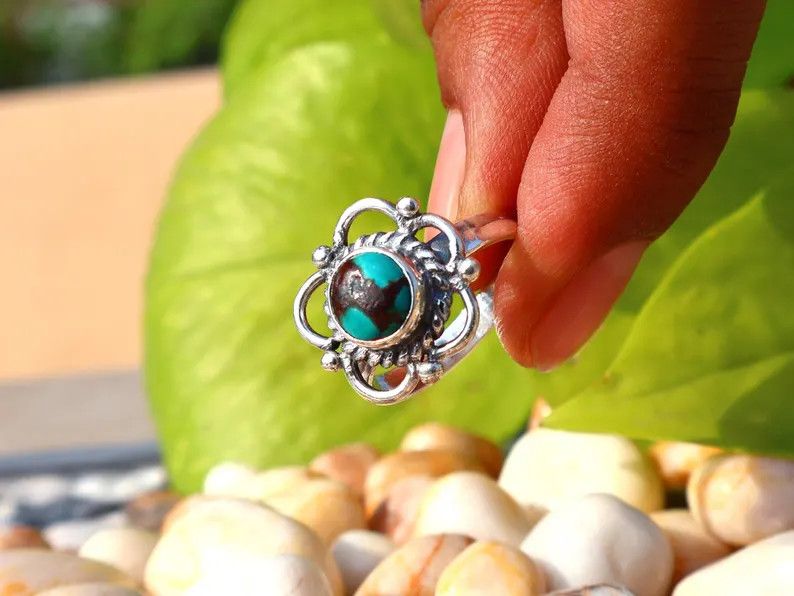 Handmade Turquoise Silver Ring, Flower Gemstone, December Birthstone Size ONE SIZE - 6 Thumbnail
