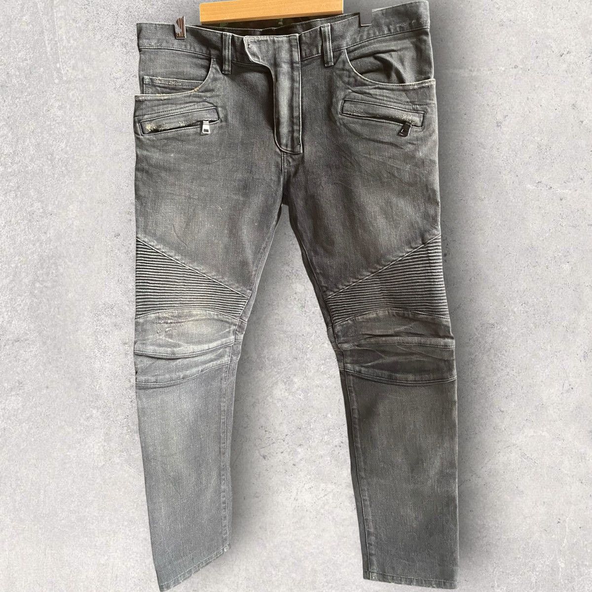Balmain Charcoal Grey Knee Ripped Biker Jeans