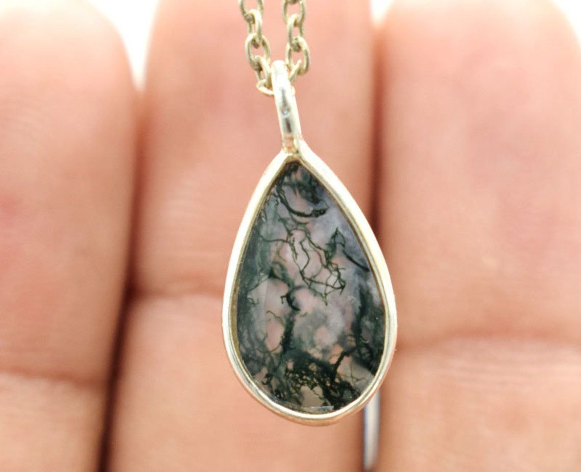 Handmade 925 Silver Moss Agate Necklace Checker Cut stone Pendant Size ONE SIZE - 1 Thumbnail