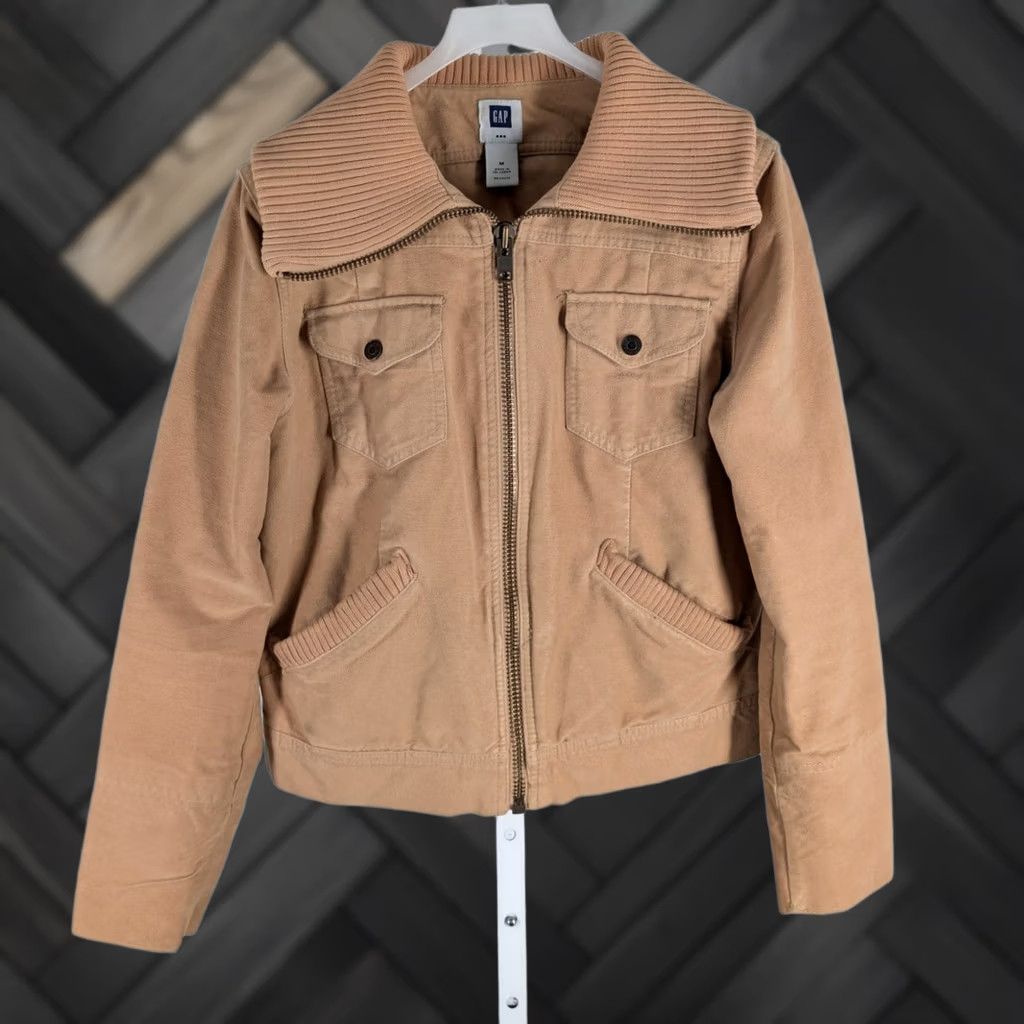 Gap VINTAGE Gap Jacket Womens M Old 2004 Chamois Tan Moleskin Ribbed Knit Collar Y2K Cropped Short 19" Length Steel Zip Size M / US 6-8 / IT 42-44 - 1 Thumbnail