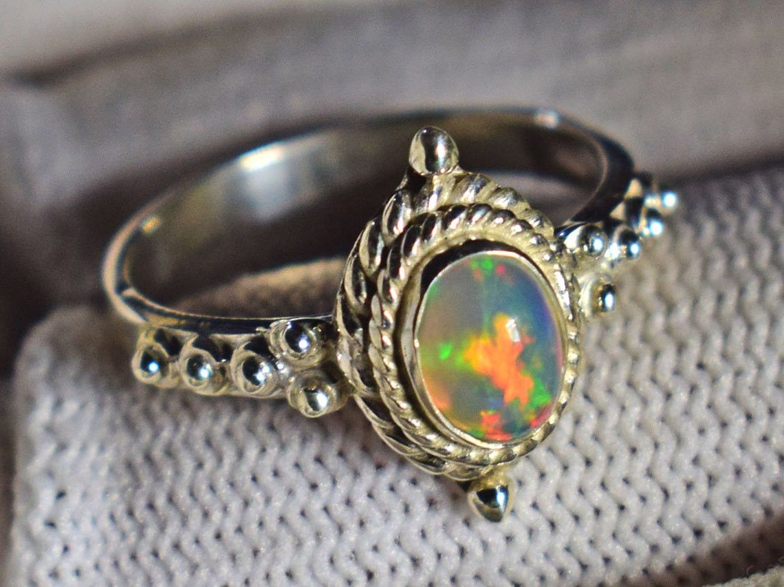 Handmade Ethiopian Opal Ring: Real 925 K Silver October Birthstone Size ONE SIZE - 1 Thumbnail