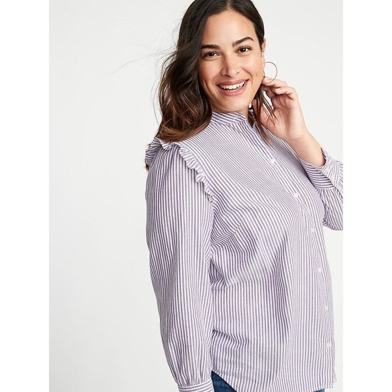 Old Navy OLD NAVY Striped Ruffle Shoulder Shirt Purple Womens Small Size S / US 4 / IT 40 - 7 Thumbnail