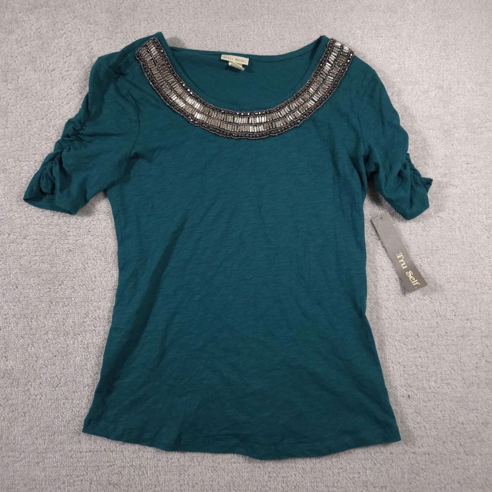 Altea Tru Self Shirt Womens Small Teal Blue Beaded Embellished Neck Short Sleeve Top Size S / US 4 / IT 40 - 2 Thumbnail