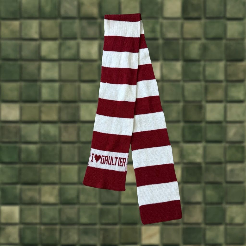 Jean Paul Gaultier VINTAGE Jean Paul Gaultier Scarf I LOVE GAULTIER Red White Striped Knit Square Unisex Neck Warmer Logo 90s Love Gaultier Scarf Mens Womens Size ONE SIZE - 1 Thumbnail