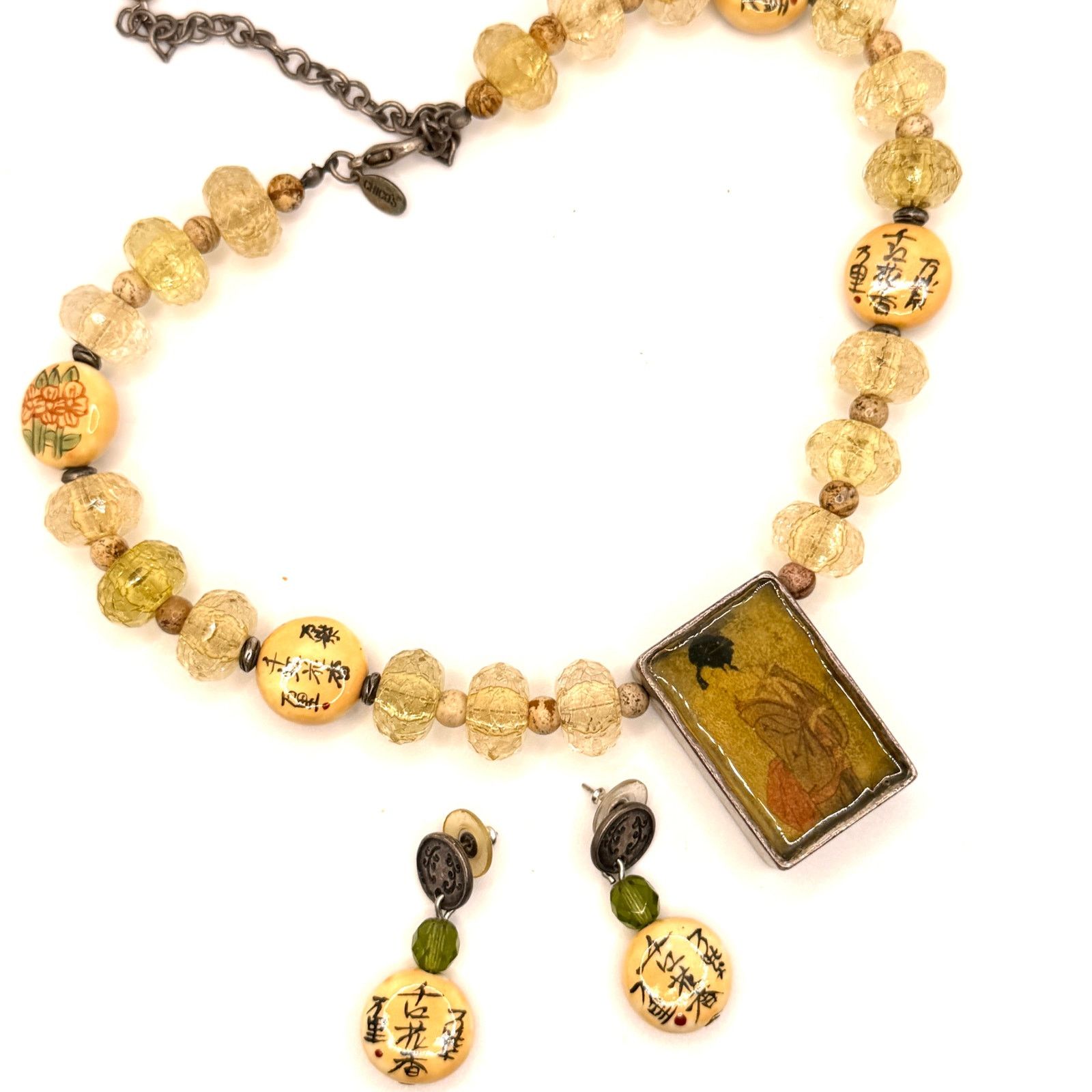 Chicos Vintage 90s Yellow Chinoiserie Geisha Necklace Earring Set Size ONE SIZE - 4 Thumbnail