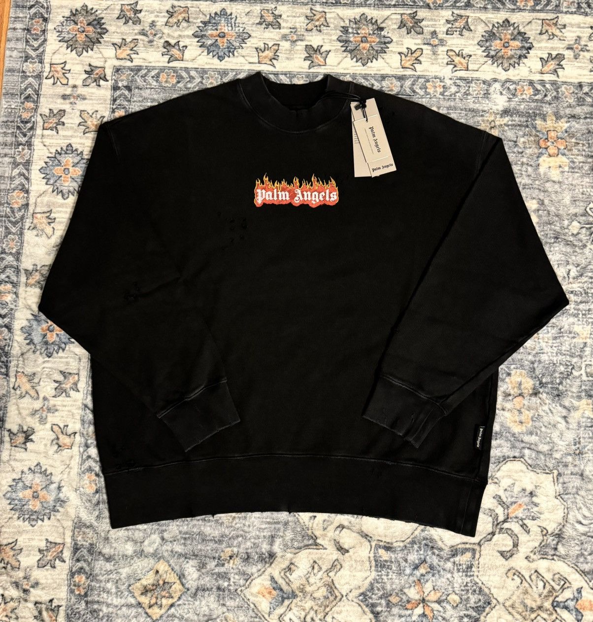 image of Palm Angels Distressed Crewneck in Black, Men's (Size Medium)