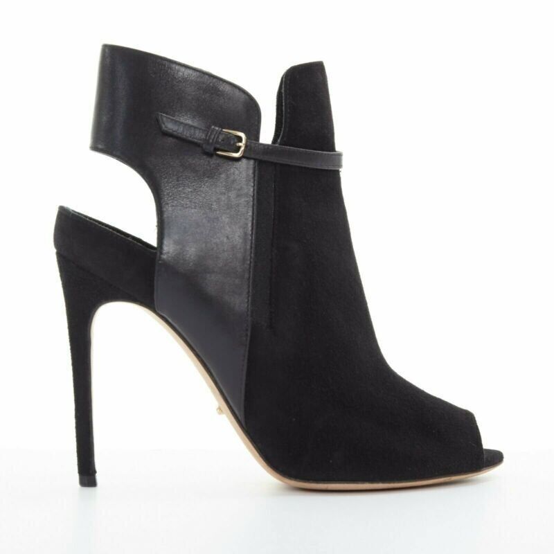 Sergio Rossi SERGIO ROSSI black suede leather strap buckle peep toe heel ankle bootie EU37 Size US 7 / IT 37 - 1 Thumbnail