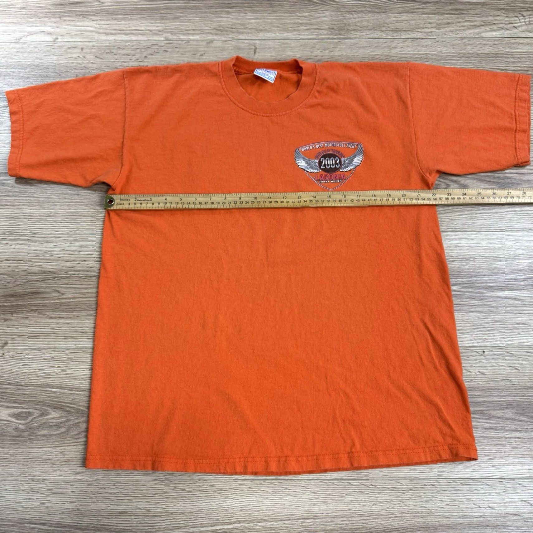 Vintage VINTAGE All Sport T-Shirt 90s Laconia Motorcycle Week Mens XL Orange Short Sleeve Crew Neck 1990s 1999 Flaming Skeleton Bike Rider Size US XL / EU 56 / 4 - 6 Thumbnail