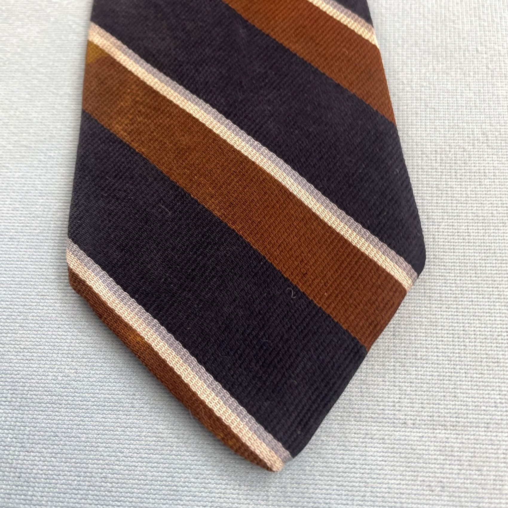 Vintage VINTAGE Pauline Trigère Silk Repp Tie Striped Navy Brown White 60" 3.2" Tie Mens 70s Designer Capstone Capsule Neckwear Size ONE SIZE - 3 Thumbnail