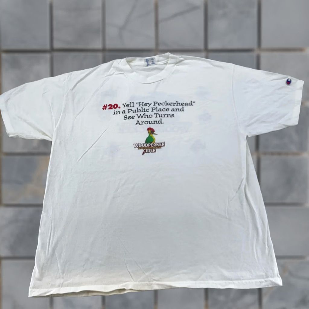 Champion VINTAGE Woodpecker Cider Shirt Mens L White Champion 101 Things Funny 90s Size US L / EU 52-54 / 3 - 1 Thumbnail