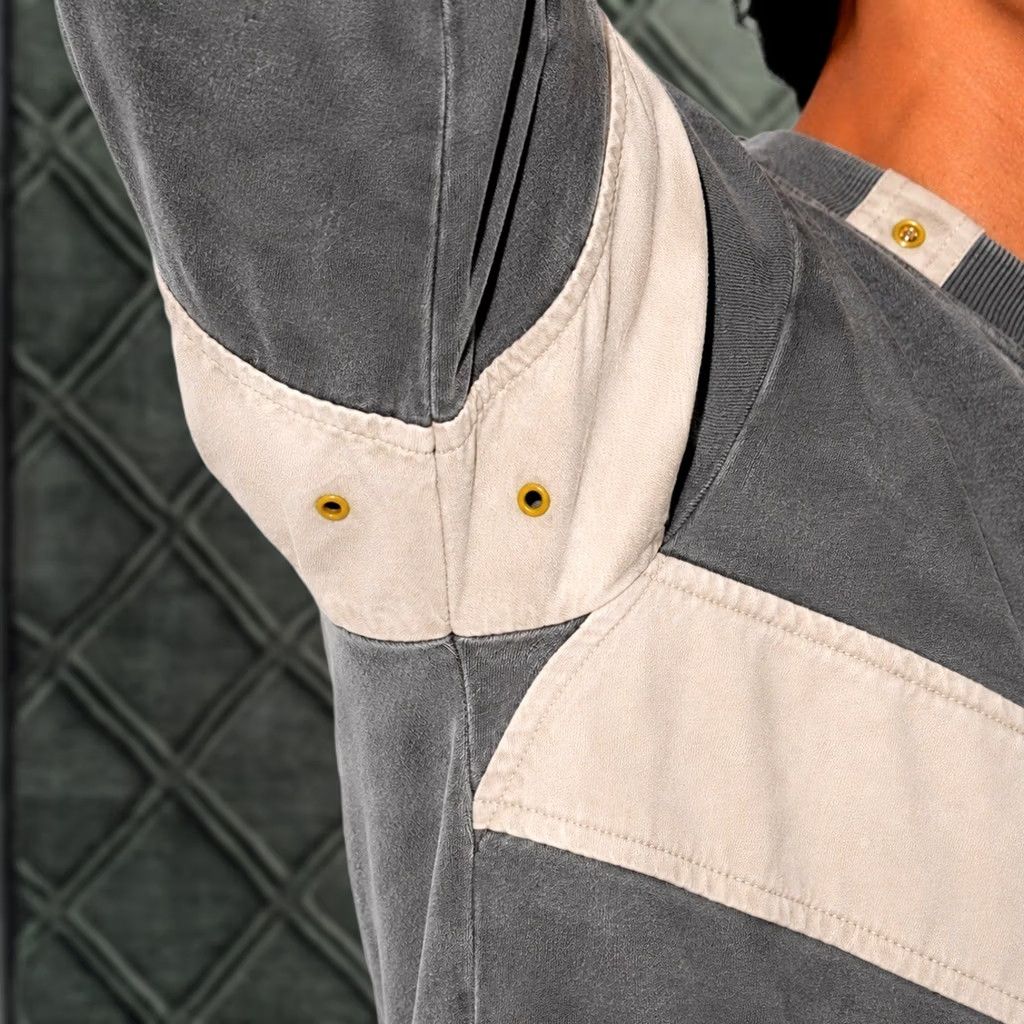 Vintage Line-Up 70s Striped Colorblock Sweatshirt Mens S Grey Pullover Eyelet Crew Neck Sweatshirt in Gray, Men's