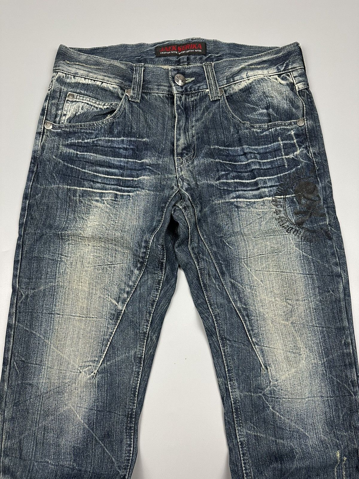If Six Was Nine Distressed Flared Denim Jack Serika Britain Skull Bones Size US 34 / EU 50 - 4 Thumbnail