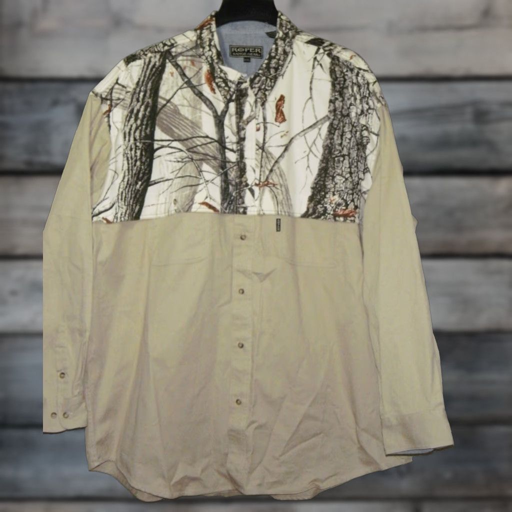 Roper Shirt Men XXXL Beige With RealTree Hardwoods Yoke Long Sleeve Button-Up Pattern: solid with realtree hardwoods yoke
