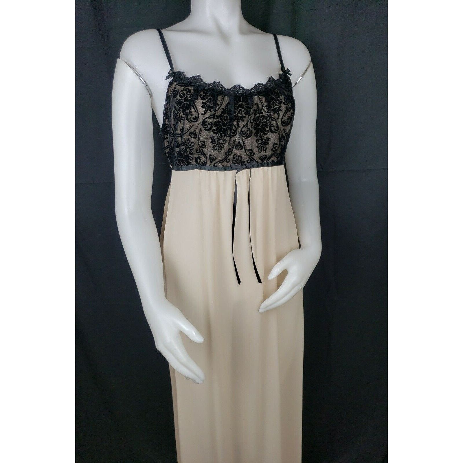 Vintage Champagne Satin Peignoir Set S/M Long Sheer Nightgown Gown V Size ONE SIZE - 5 Thumbnail