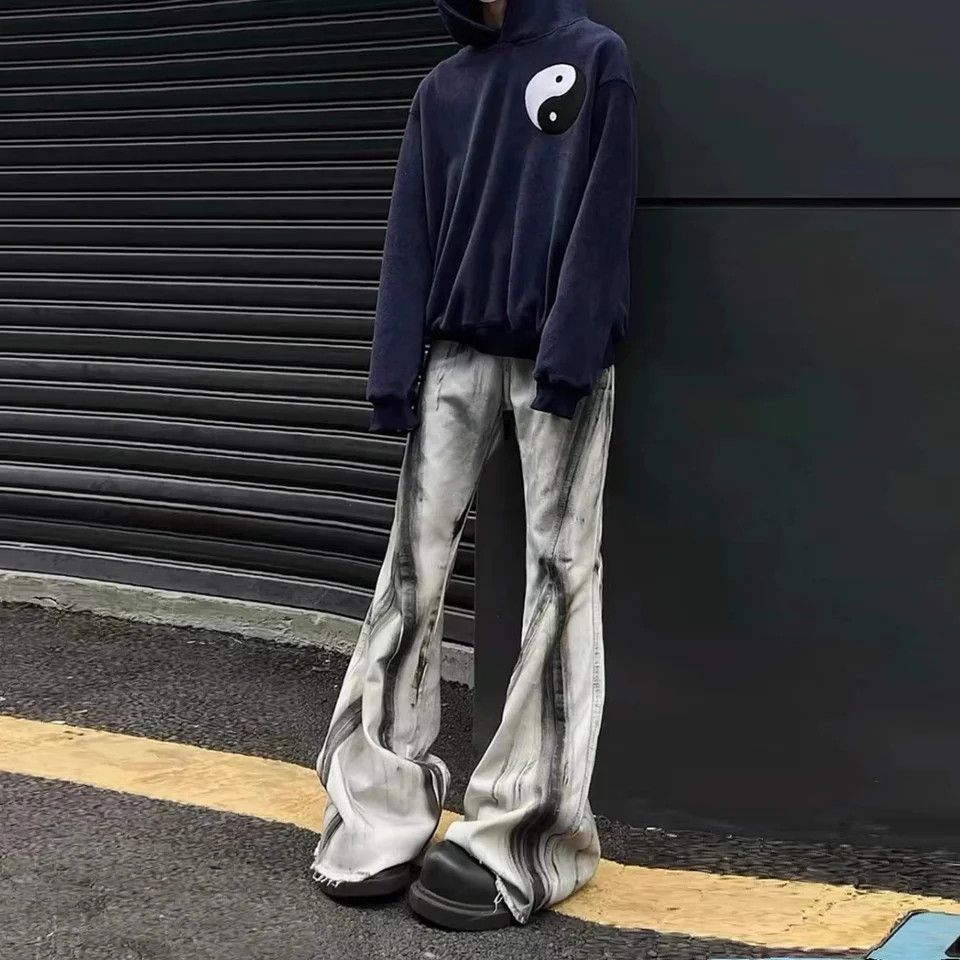 Japanese Brand × Jean × Vintage Streetwear Retro Fringed Black Wide Jeans Ribbon Size US 33 - 2 Thumbnail
