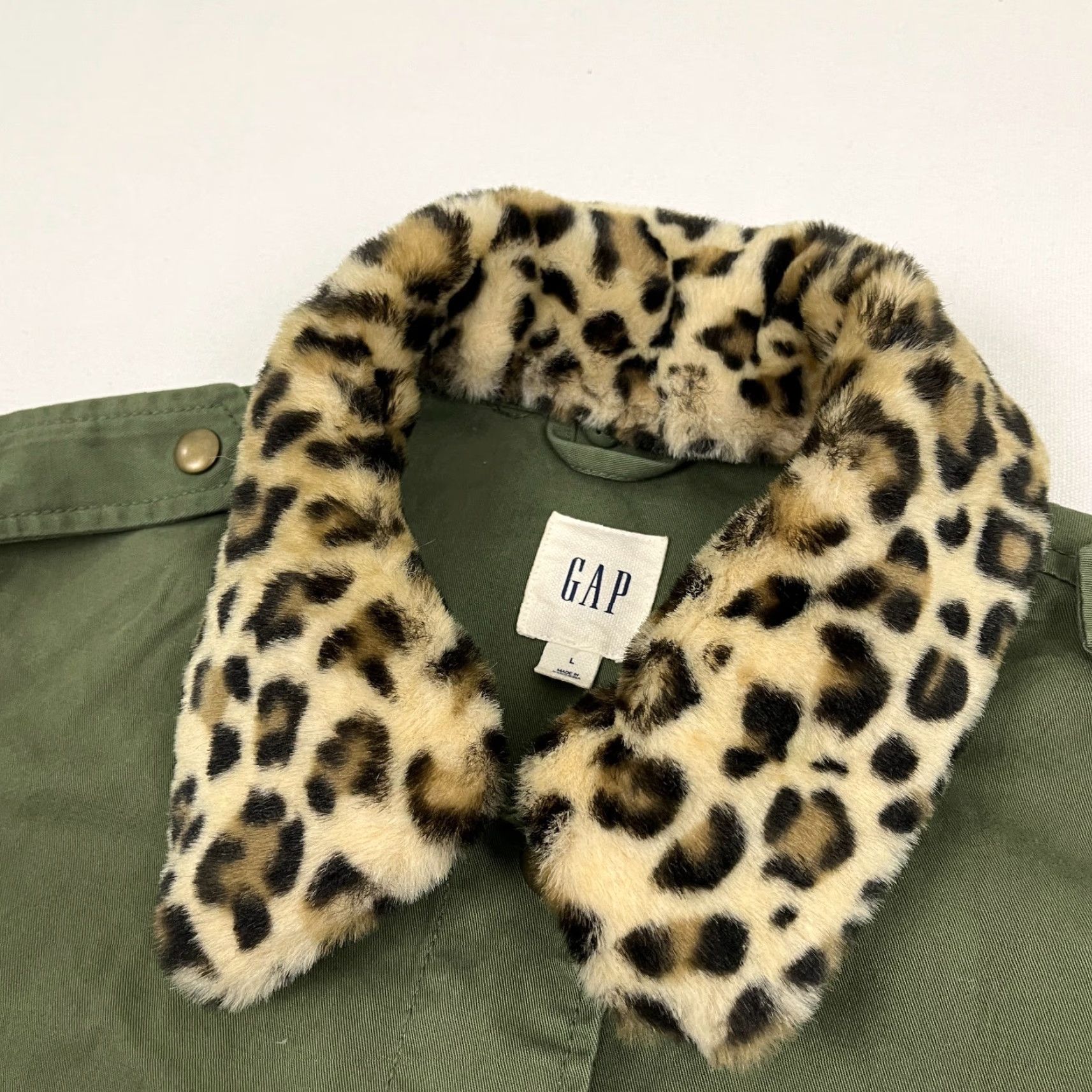 Gap GAP Jacket Womens L Green Army Military Faux Cheetah Trim Collar Utility Epaulet Jacket Size L / US 10 / IT 46 - 2 Thumbnail