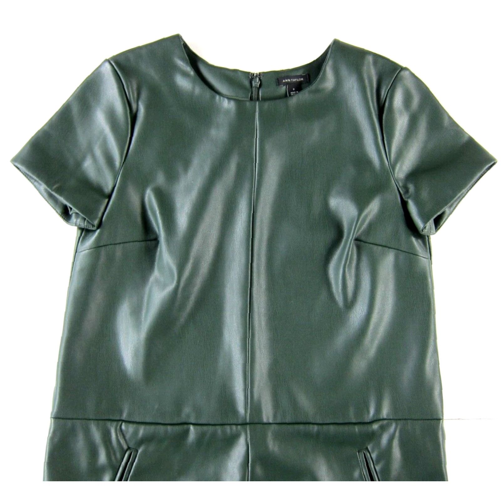 VINTAGE Ann Taylor Green Faux Leather Stretch Short Sleeve Pocket Sheath  Shift Dress 0