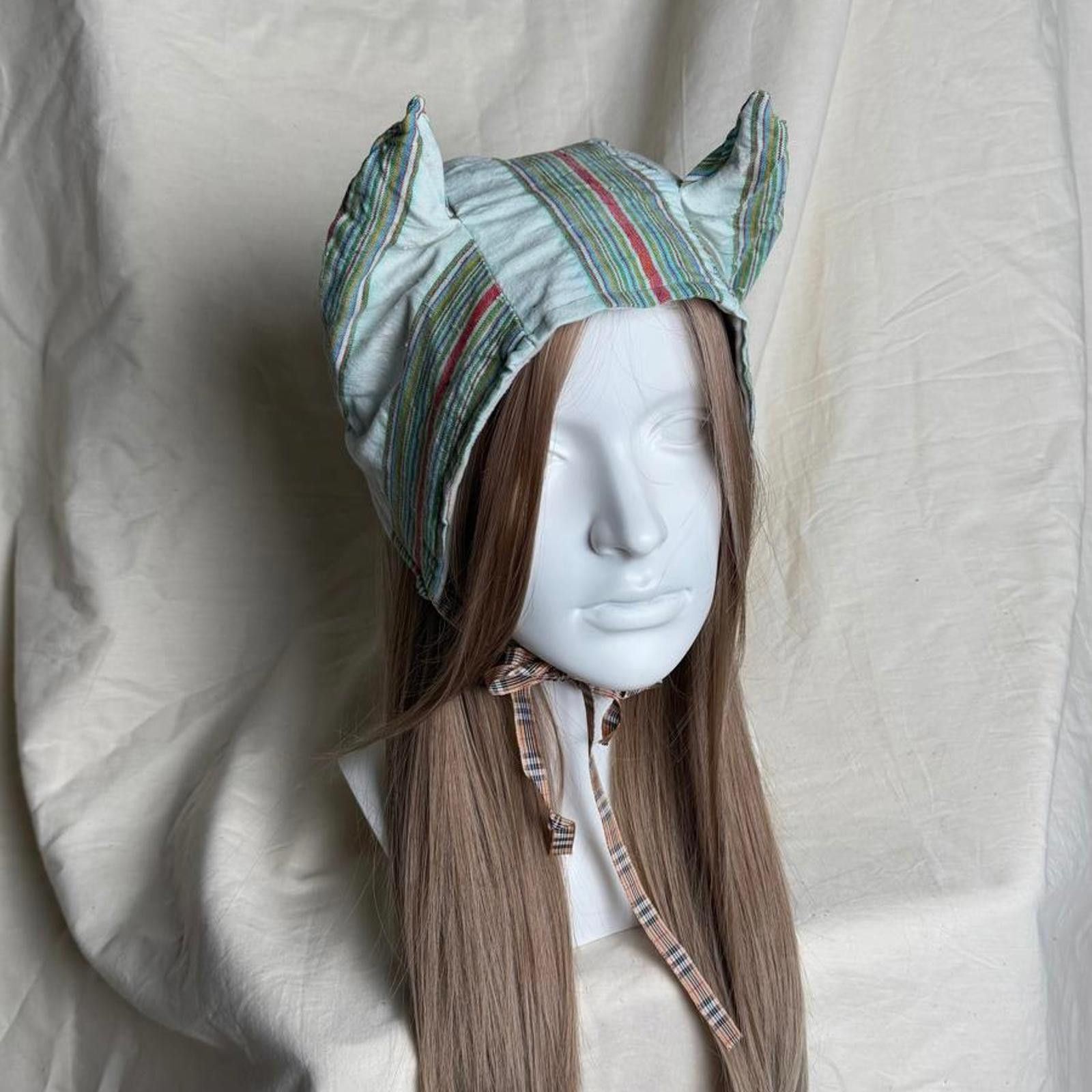 Japanese Brand Handmade Reversible Striped Pointed Devil Ear Bonnet Size ONE SIZE - 3 Thumbnail