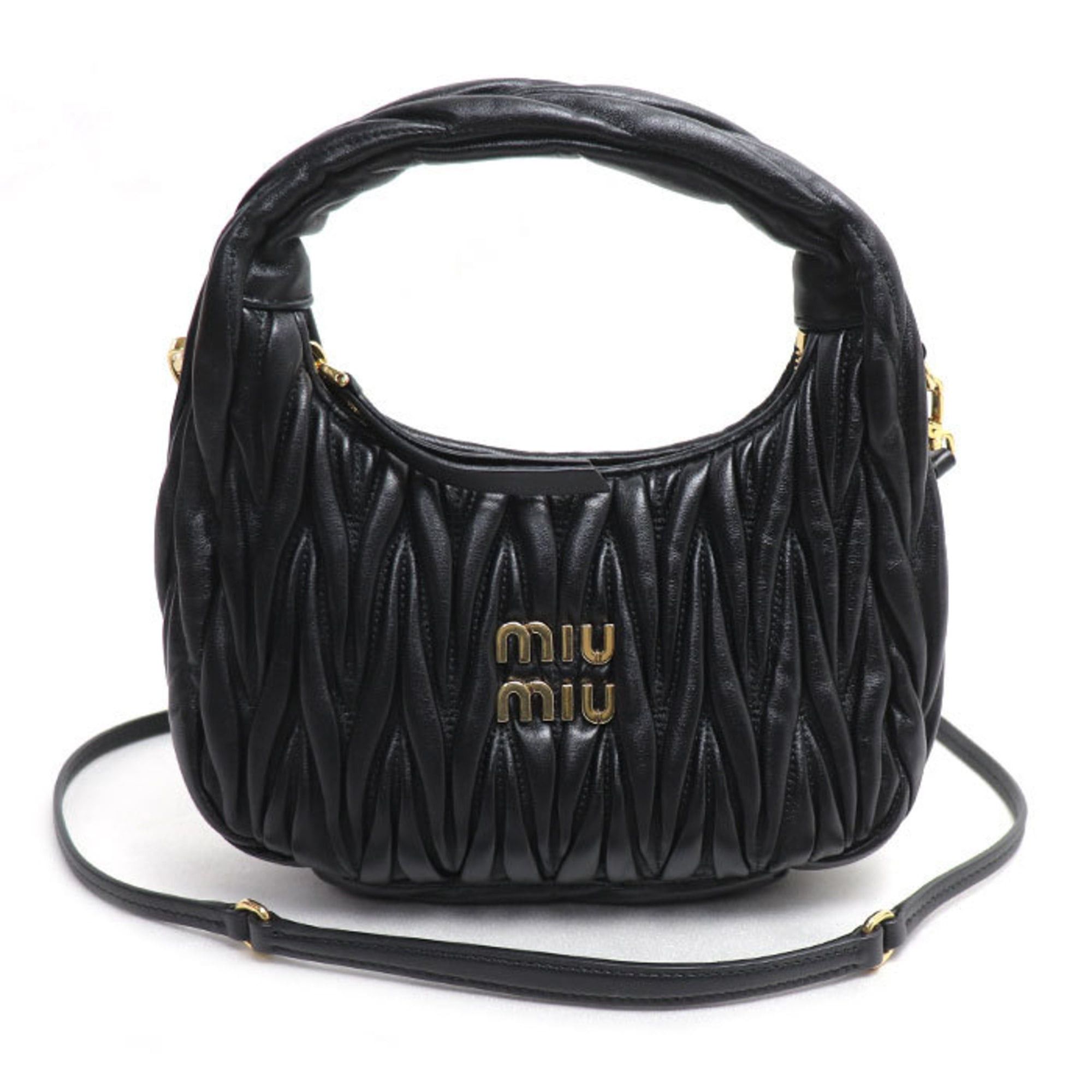 Miu Miu MIUMIU Miu Wonder Matelassé Leather Hobo Small 2-Way Shoulder Bag, Black, 5BC125_AN88_F0002_V_OOY, Women's Size ONE SIZE - 1 Thumbnail