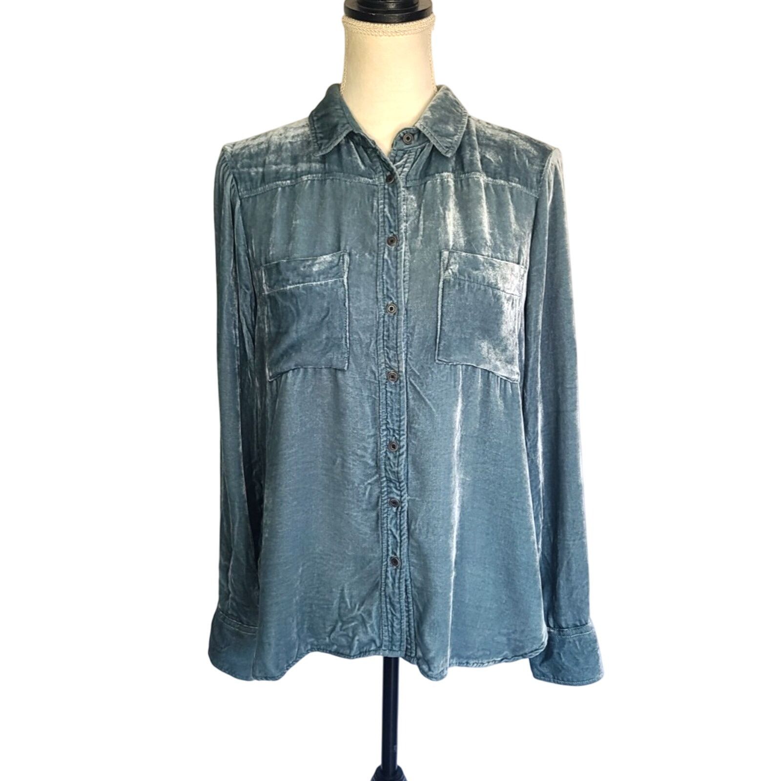 Anthropologie Anthropologie Holding Horses Blue Velvet Blouse Top Small Size S / US 4 / IT 40 - 2 Thumbnail