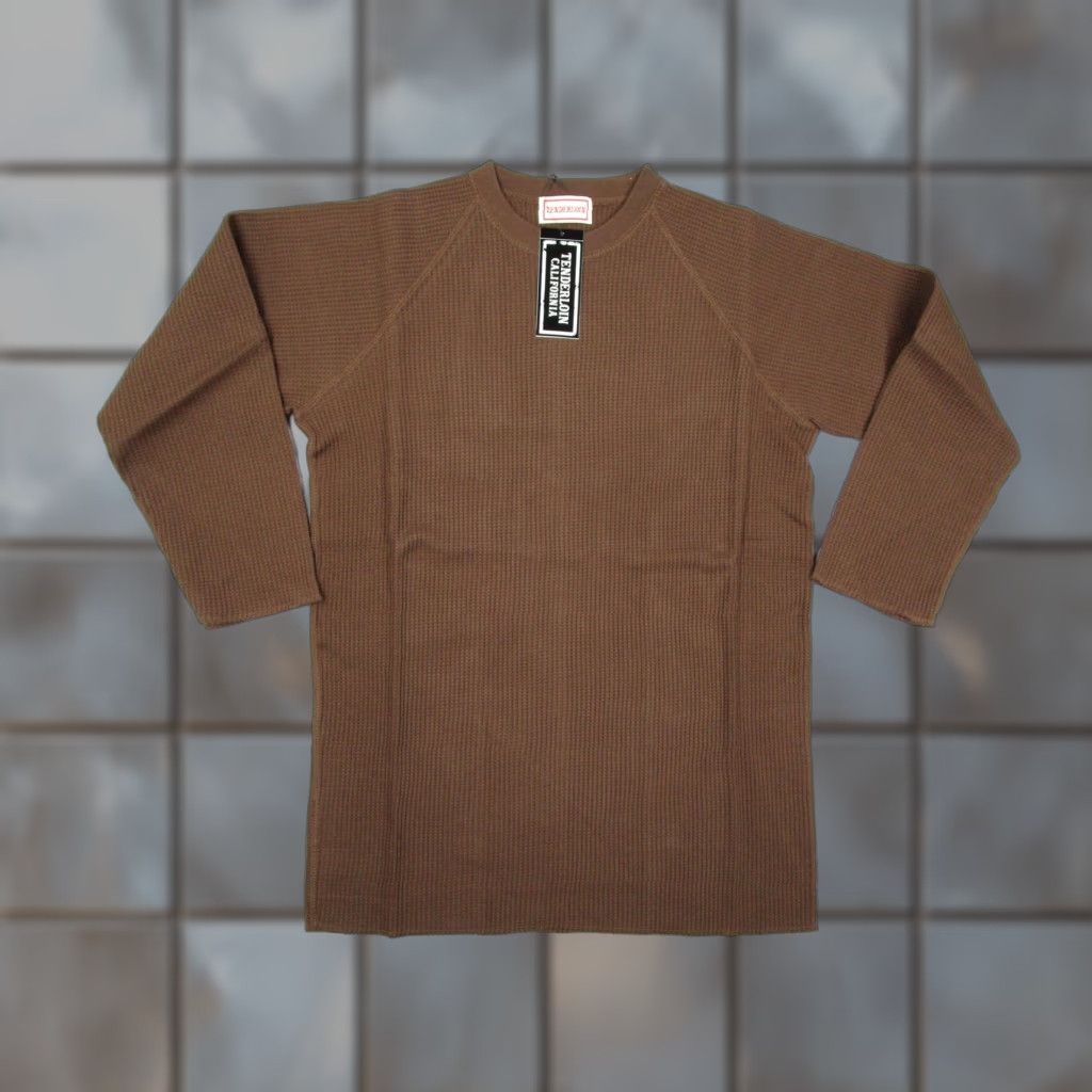 TENDERLOIN Shirt Mens Medium Brown Thermal Waffle Raglan 3/4 Sleeve Made Japan