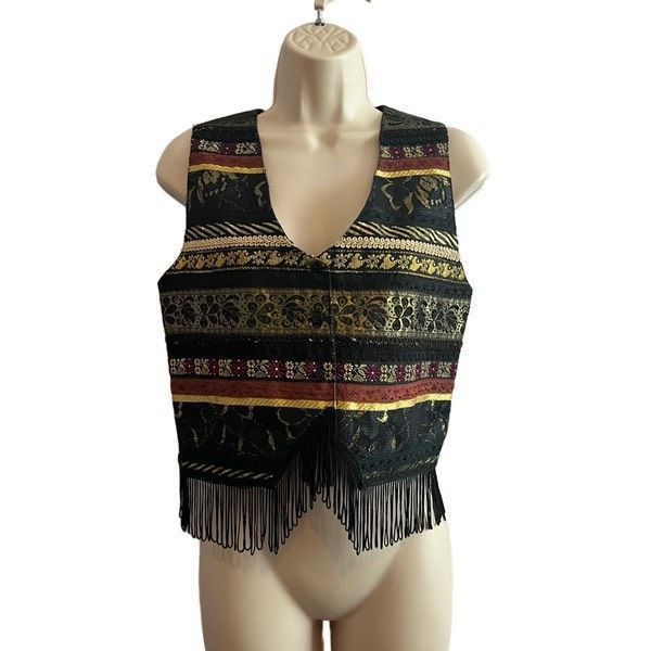 Vintage Joujou metallic tapestry fringe vintage vest Size L / US 10 / IT 46 - 3 Thumbnail