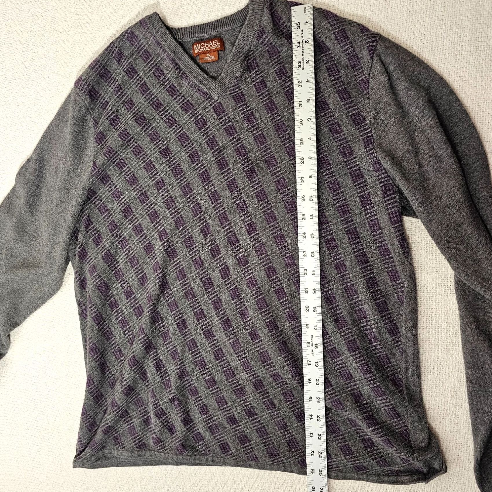 Michael Kors Michael Kors Sweater Mens XL Purple Gray Argyle Knit V-Neck Long Sleeve Pullover Shirt Size US XL / EU 56 / 4 - 4 Thumbnail