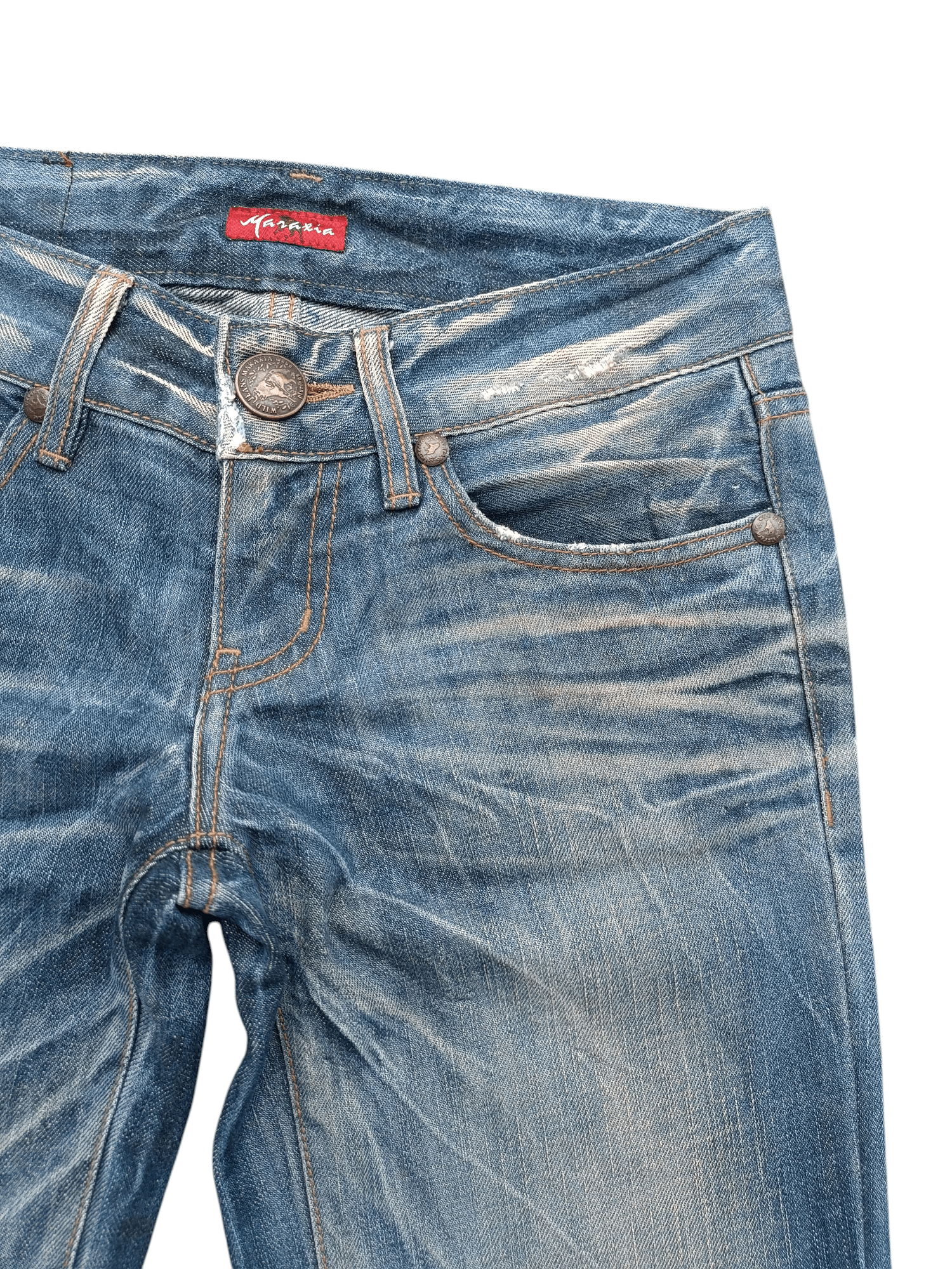 Japanese Brand × Vintage Super Flare Jeans Maraxia Whiskers Low Rise Boot Cut Size US 29 - 18 Thumbnail