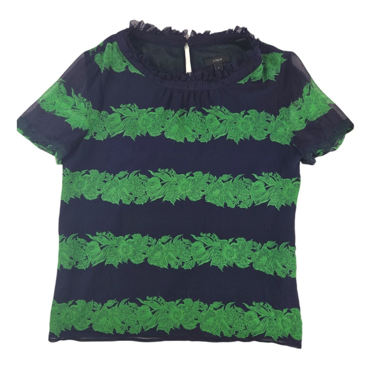 J.Crew J.Crew | Navy & Green 100% Silk Ruffle Neck Shirt | Size 2 Size XS / US 0-2 / IT 36-38 - 3 Thumbnail