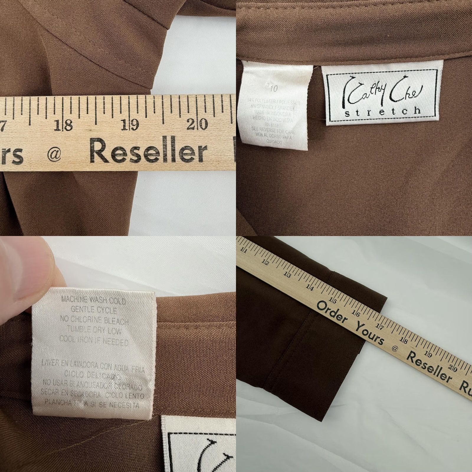 Vintage Cathy Che Stretch Shirt Womens Size 10 Brown 3/4 Sleeve Button Up Fitted Top Size L / US 10 / IT 46 - 8 Thumbnail