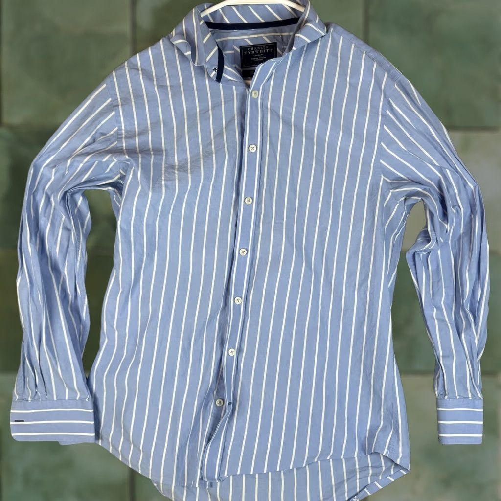 Charles Tyrwhitt Charles Tyrwhitt Shirt Mens Large Blue White Striped Peached Poplin Button Down Shirt Size US L / EU 52-54 / 3 - 1 Thumbnail
