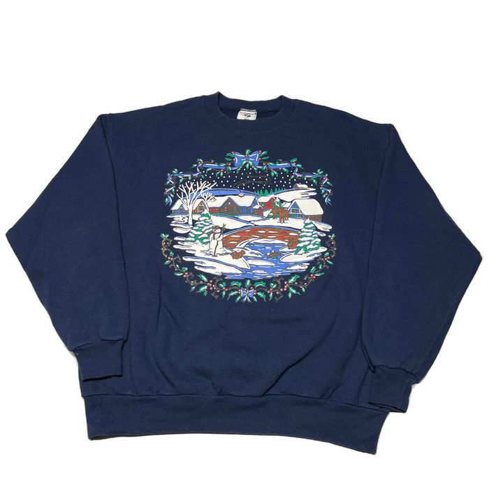 Jerzees Vintage 90s Christmas Art Sweatshirt Mens XL Blue Pullover