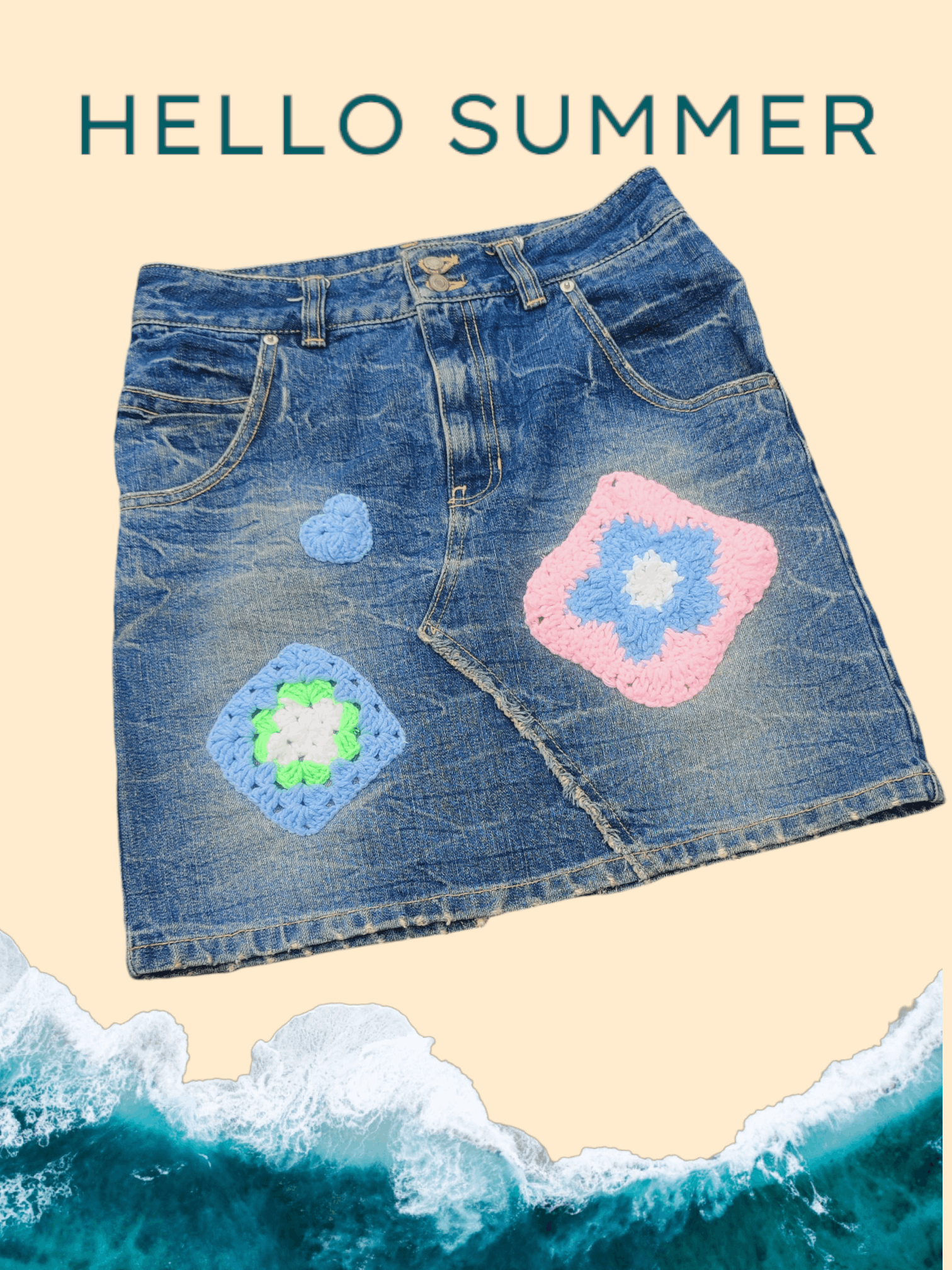 Handmade Remake Old denim mini skirt crochet patches Size 30" / US 8 / IT 44 - 2 Thumbnail