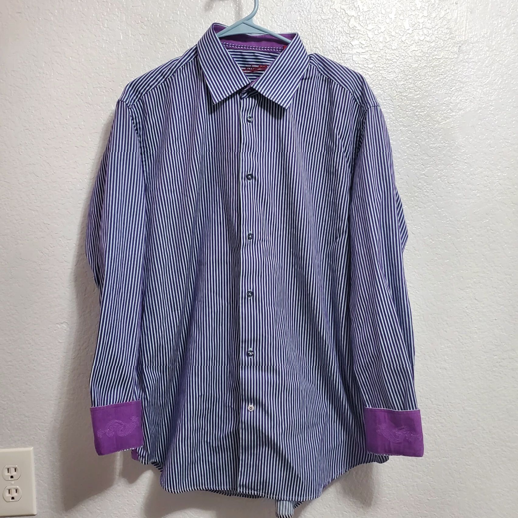 Robert Graham Robert Graham Dress Shirt Mens Purple Blue Striped 17 L/XL Flip Cuff Button Down Size 42R - 2 Thumbnail