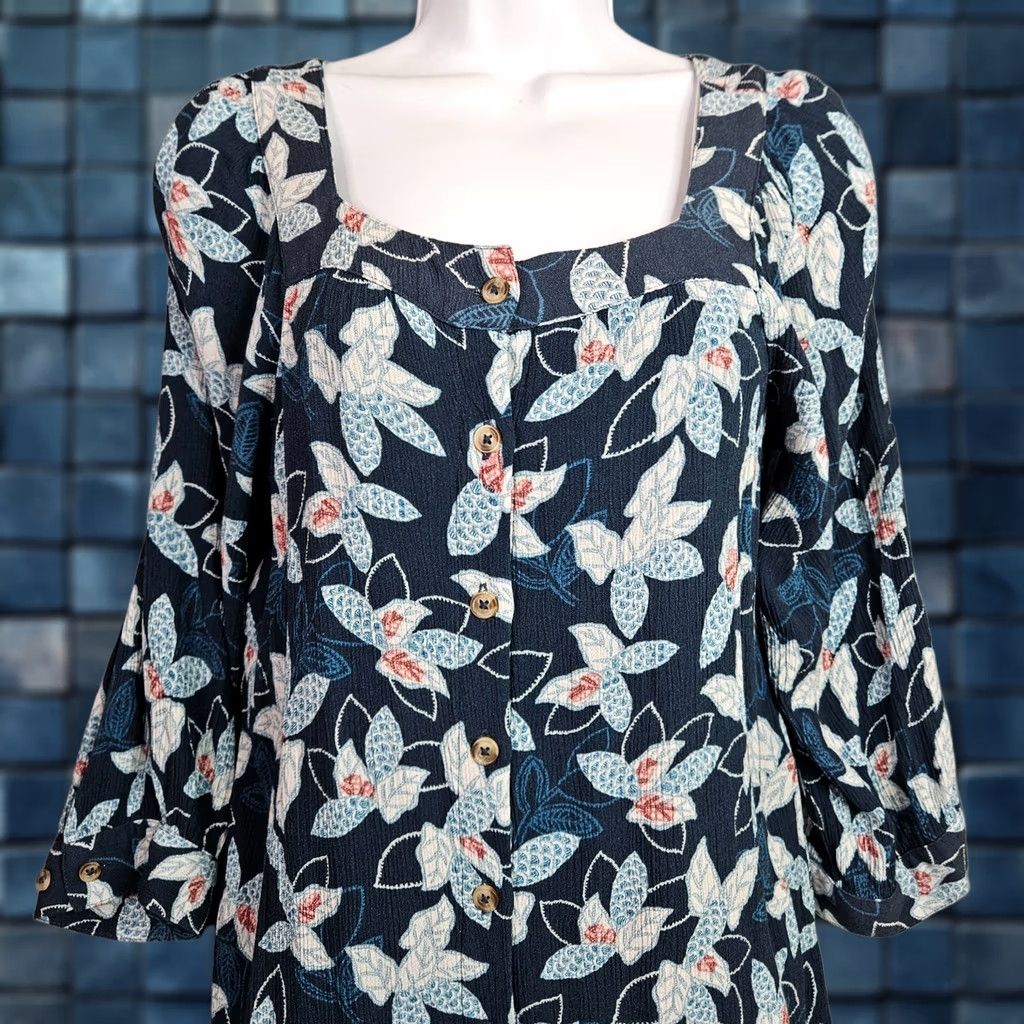 Vintage Garnet Hill Dress Blue Floral Button Front Square Neck Long Sleeve A-Line S Small Vintage No Size S / US 4 / IT 40 - 1 Thumbnail