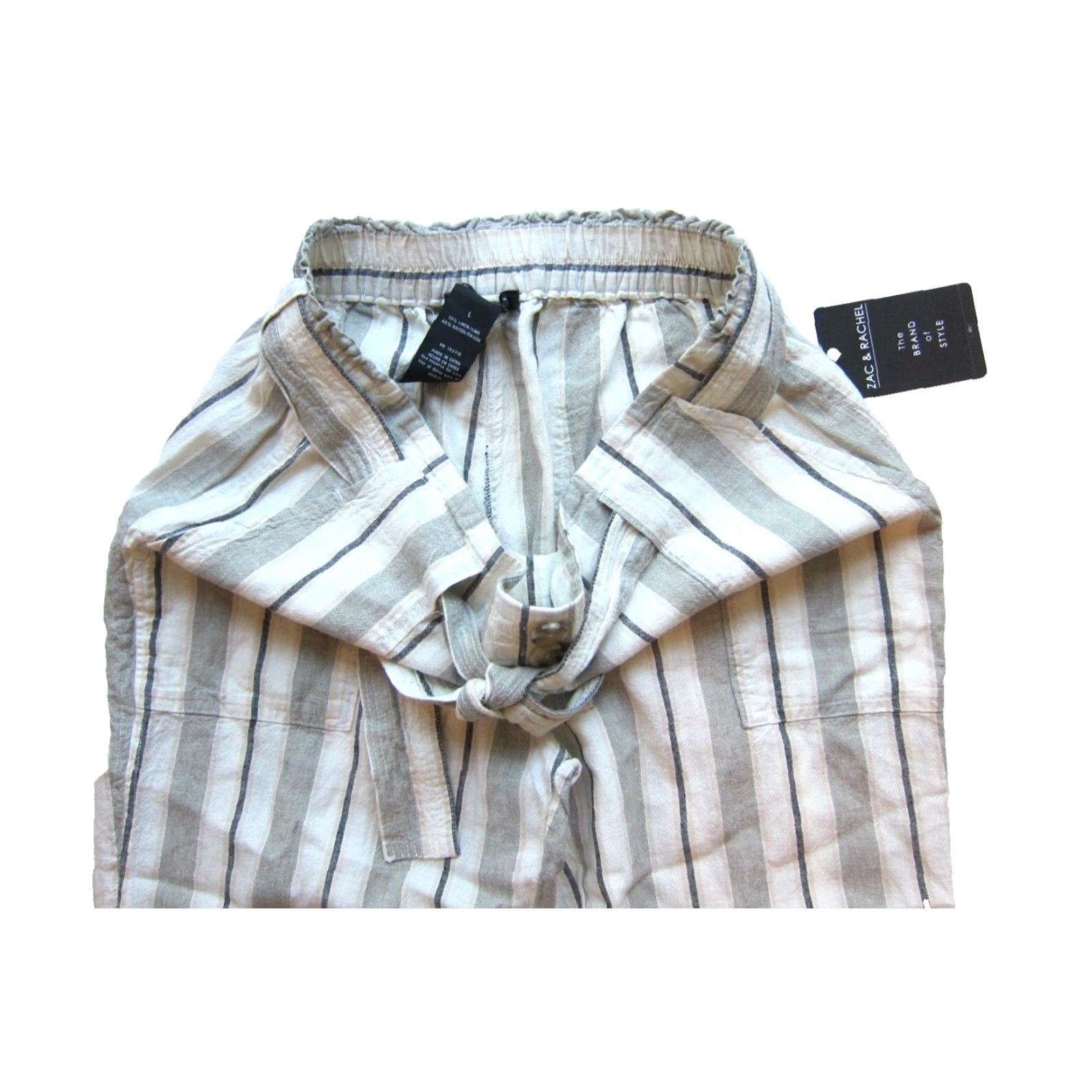 Vintage VINTAGE Zac & Rachel Linen Olive Green Ivory Black Stripe Pocket Wide Leg Pant Large Size 36" / US 14 / IT 50 - 5 Thumbnail